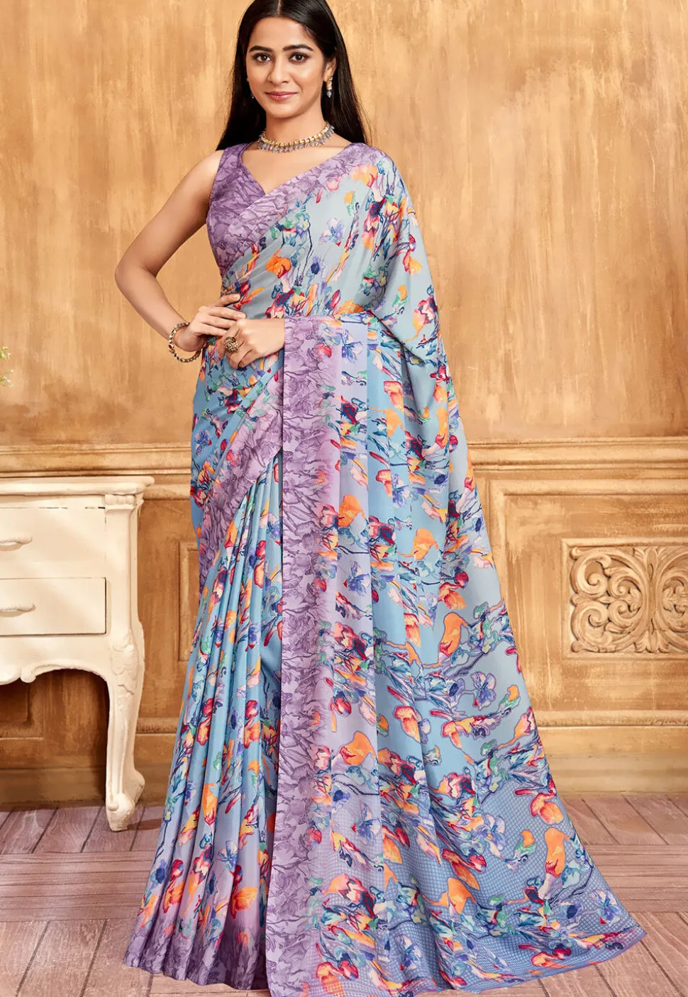 Digital Printed Crepe Saree in Blue