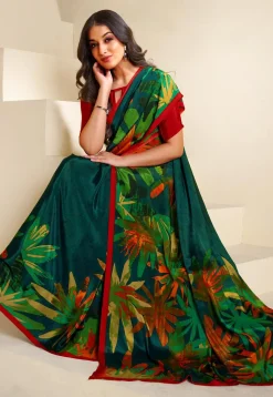 Digital Printed Crepe Saree in Dark Green