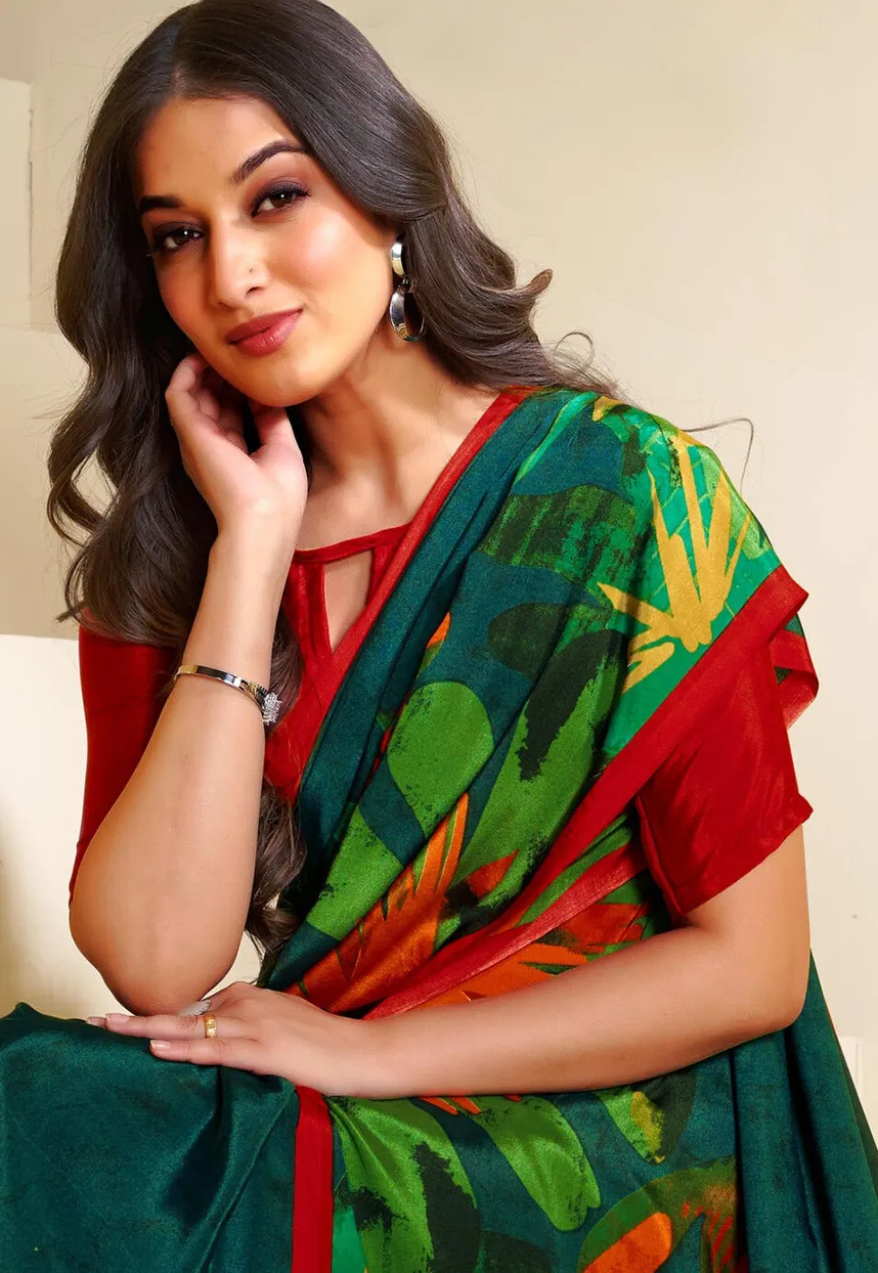 Digital Printed Crepe Saree in Dark Green