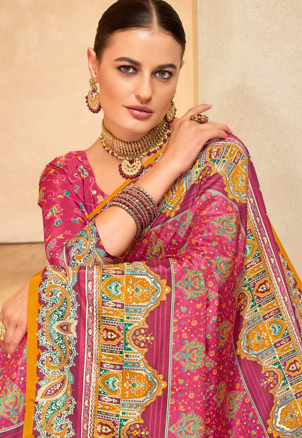 Digital Printed Crepe Saree in Pink