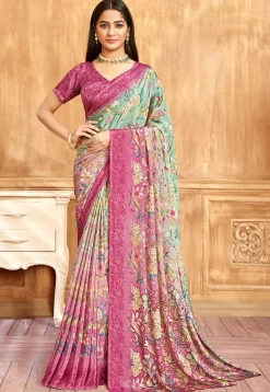 Digital Printed Crepe Saree in Pink and Green