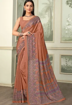 Digital Printed Crepe Saree in Brown