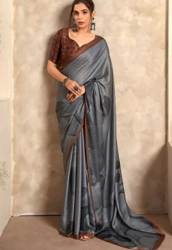 Digital Printed Crepe Saree in Grey