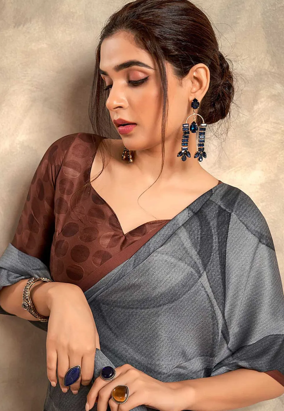 Digital Printed Crepe Saree in Grey