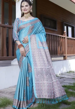 Digital Printed Crepe Saree in Light Blue