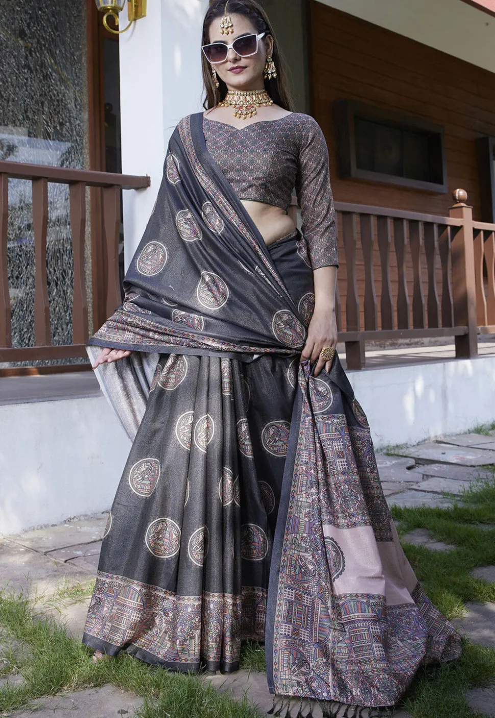 Digital Printed Crepe Saree in Black