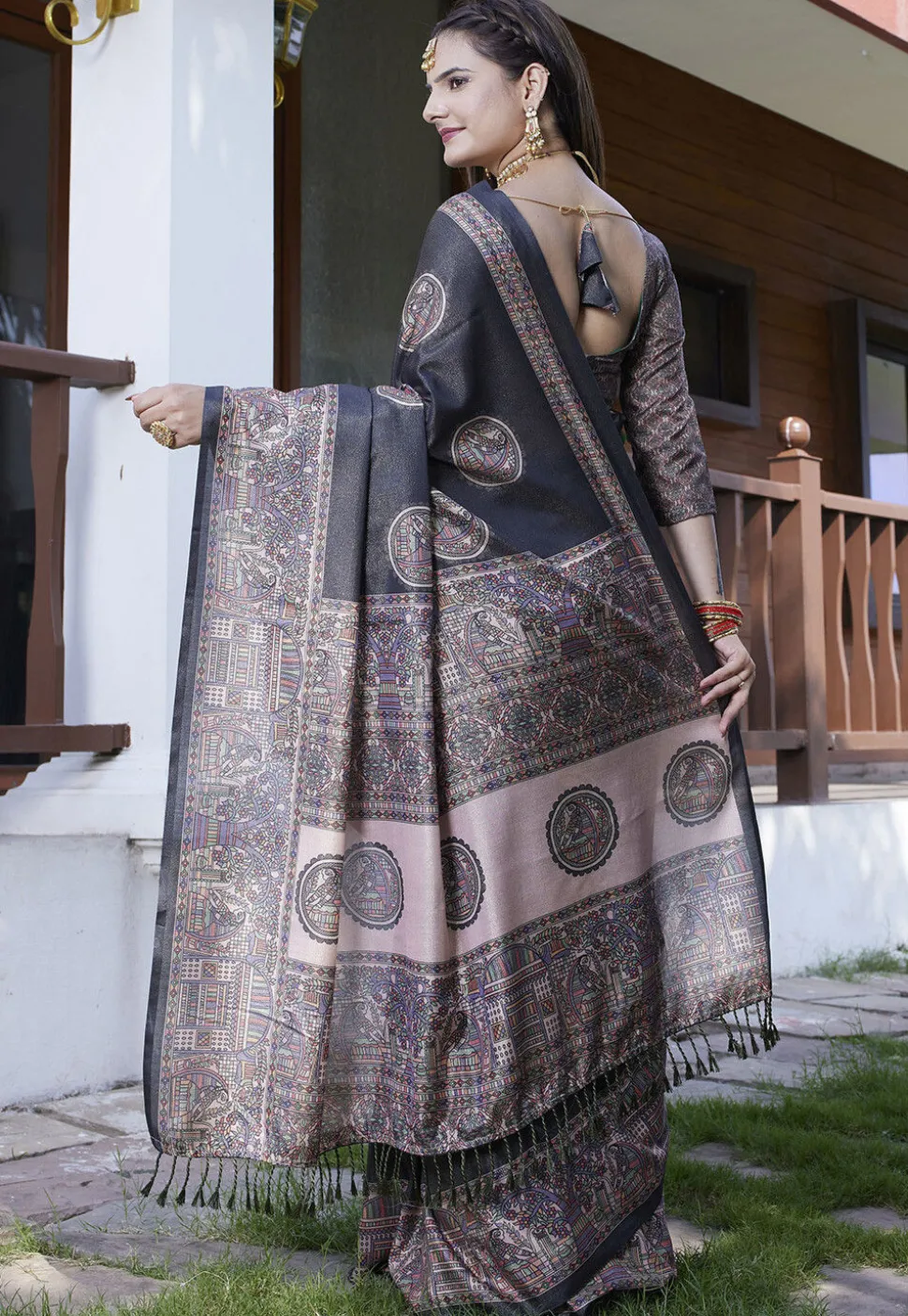 Digital Printed Crepe Saree in Black