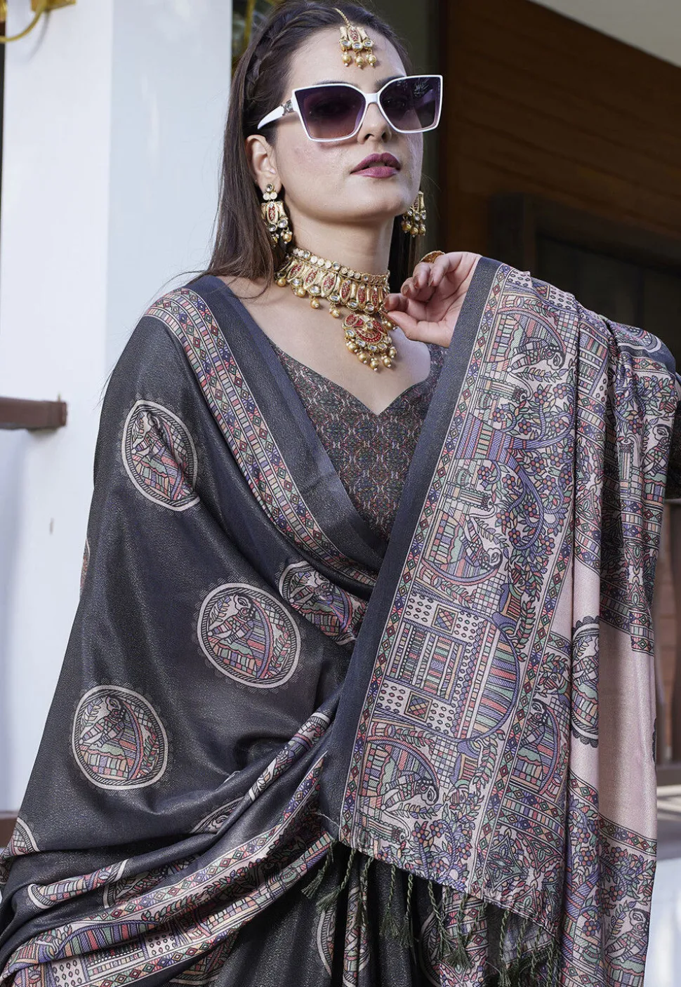Digital Printed Crepe Saree in Black