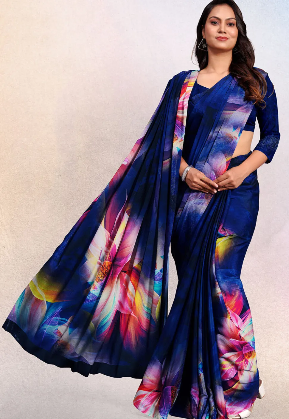 Digital Printed Crepe Saree in Royal Blue