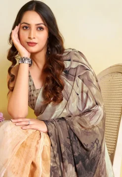 Digital Printed Crepe Saree in Beige
