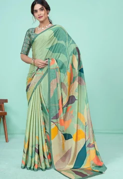 Digital Printed Crepe Saree in Sea Green