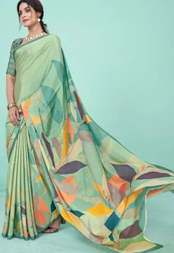 Digital Printed Crepe Saree in Sea Green