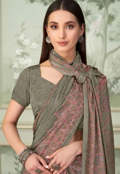 Digital Printed Crepe Saree in Dusty Green