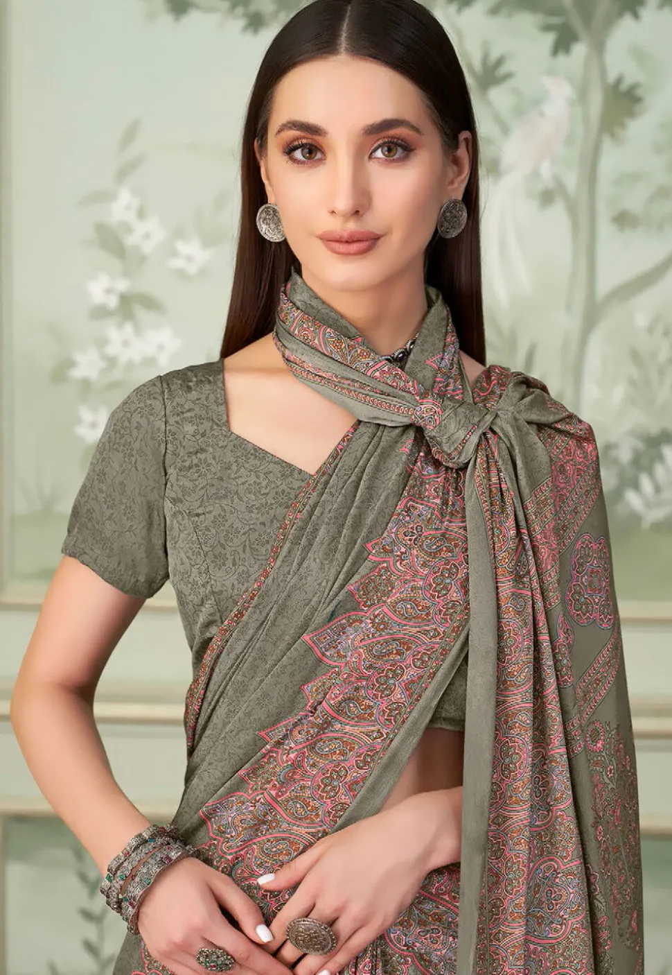 Digital Printed Crepe Saree in Dusty Green