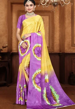 Digital Printed Crepe Saree in Yellow and Purple