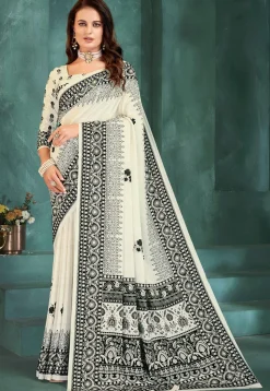 Digital Printed Crepe Saree in Off White