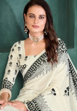 Digital Printed Crepe Saree in Off White