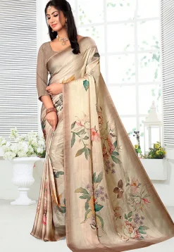 Digital Printed Crepe Saree in Cream
