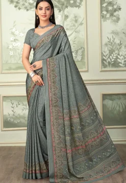 Digital Printed Crepe Saree in Grey