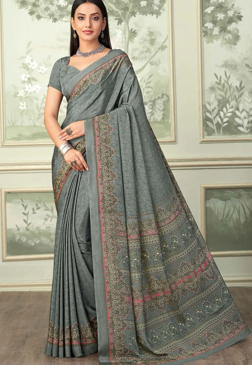 Digital Printed Crepe Saree in Grey