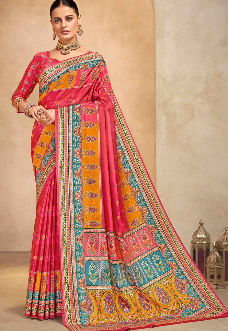 Digital Printed Crepe Saree in Pink