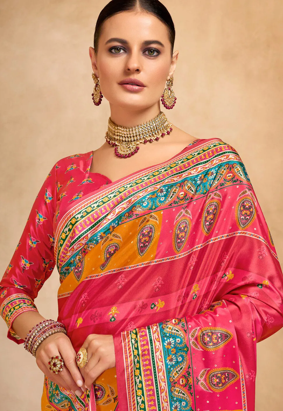Digital Printed Crepe Saree in Pink