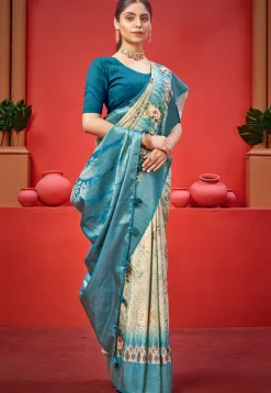 Digital Printed Crepe Saree in Cream