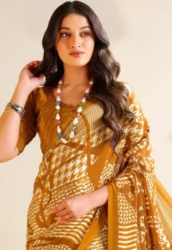 Digital Printed Crepe Saree in Cream and Mustard
