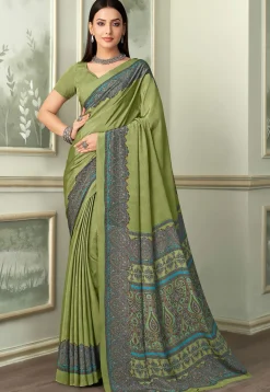 Digital Printed Crepe Saree in Light Green