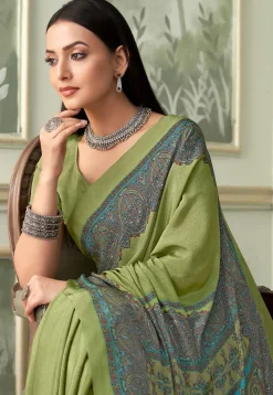 Digital Printed Crepe Saree in Light Green