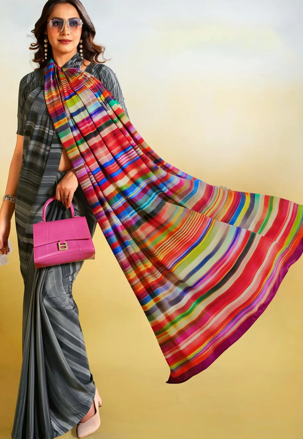Digital Printed Crepe Saree in Grey