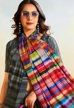 Digital Printed Crepe Saree in Grey