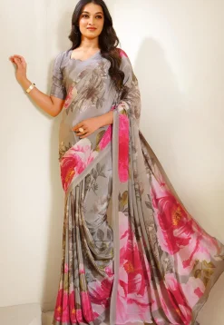 Digital Printed Crepe Saree in Grey