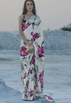 Digital Printed Crepe Saree in Off White