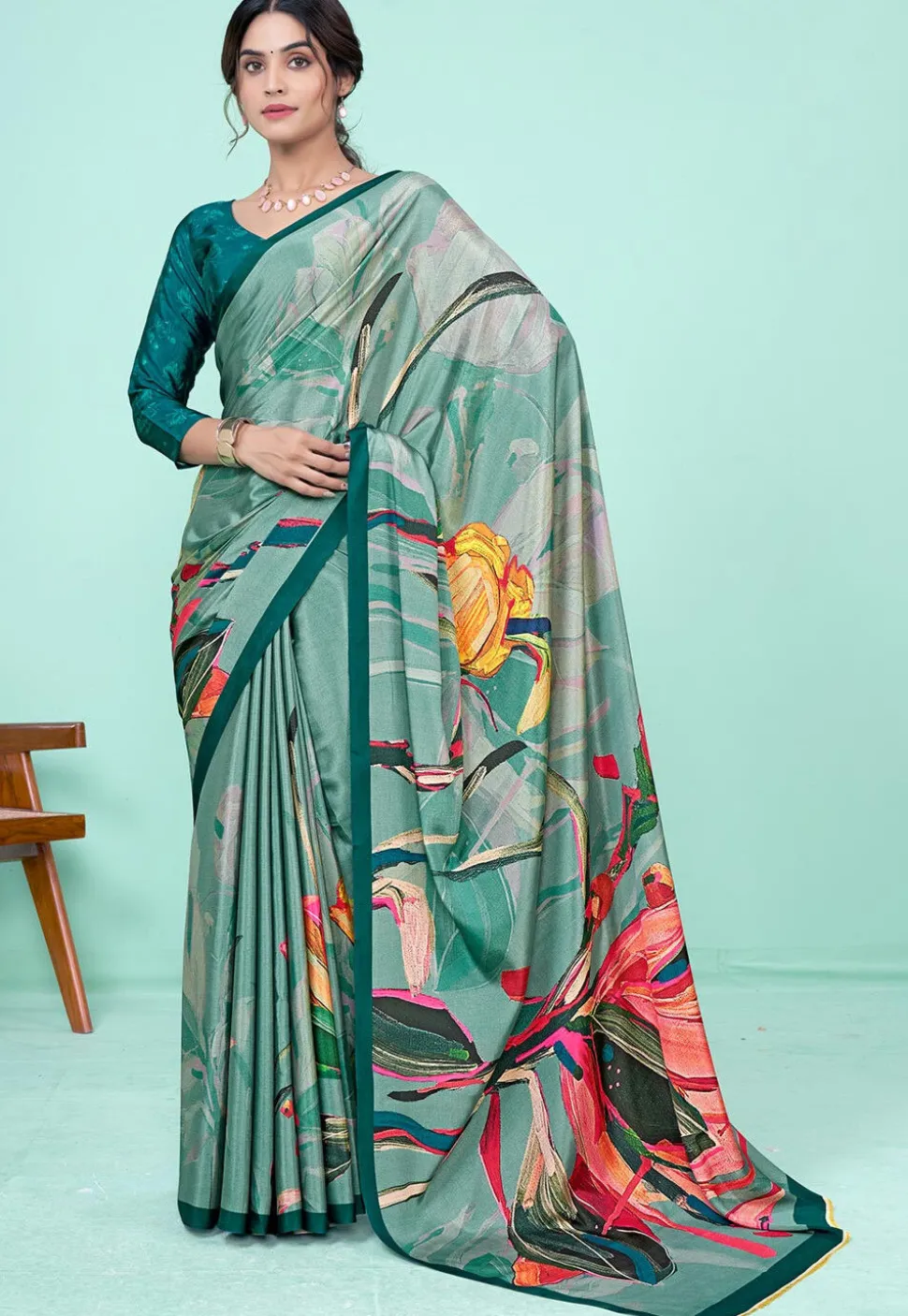 Digital Printed Crepe Saree in Sea Green