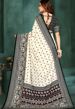 Digital Printed Crepe Saree in Off White