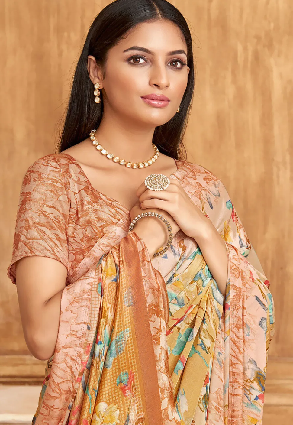 Digital Printed Crepe Saree in Yellow