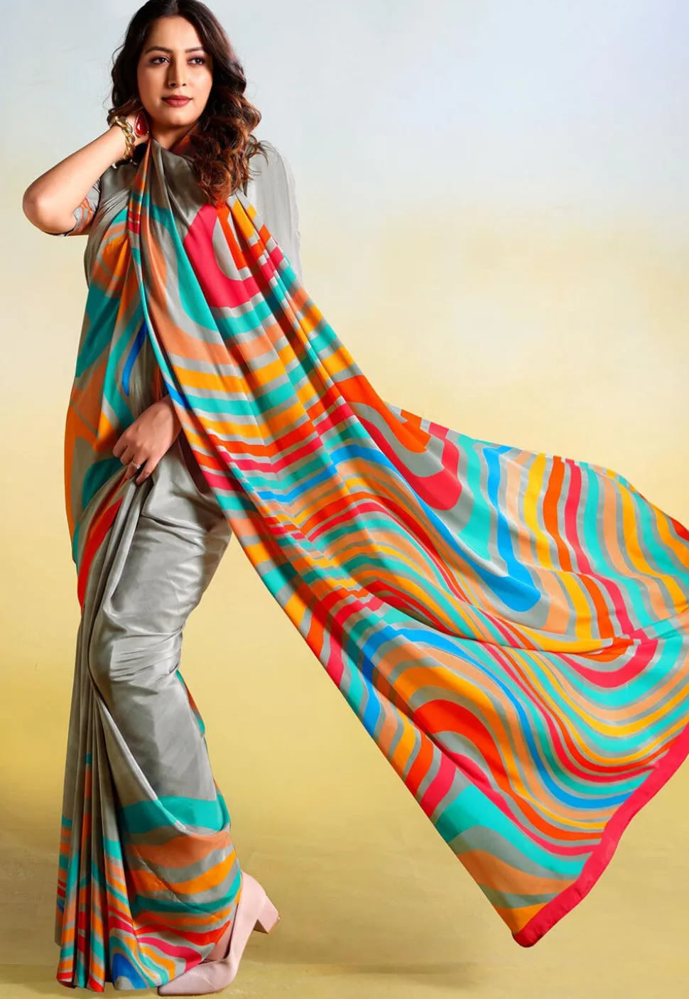 Digital Printed Crepe Saree in Grey