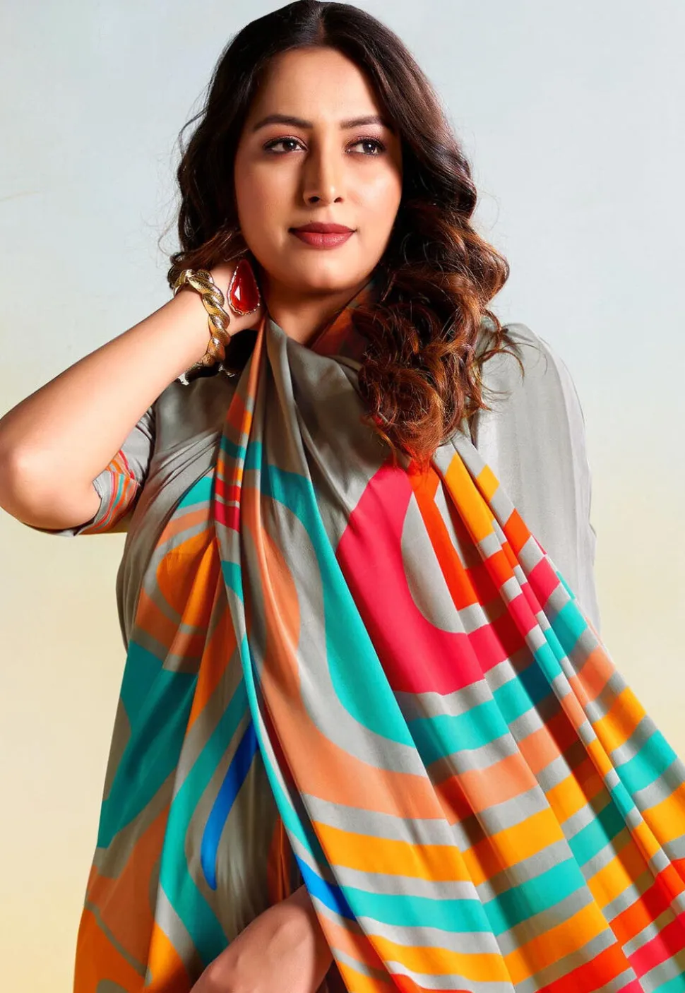 Digital Printed Crepe Saree in Grey