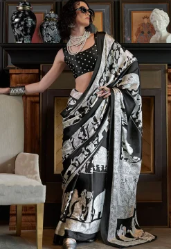 Digital Printed Crepe Saree in Off White and Black