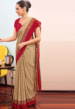 Digital Printed Crepe Saree in Light Beige