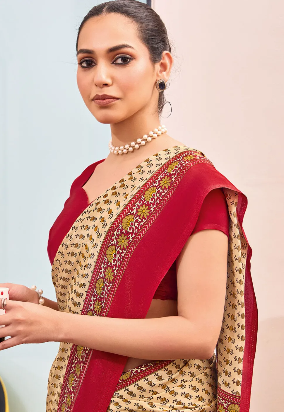 Digital Printed Crepe Saree in Light Beige