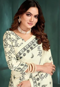 Digital Printed Crepe Saree in Off White