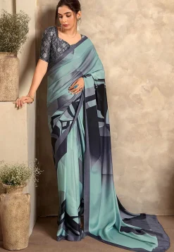 Digital Printed Crepe Saree in Sea Green