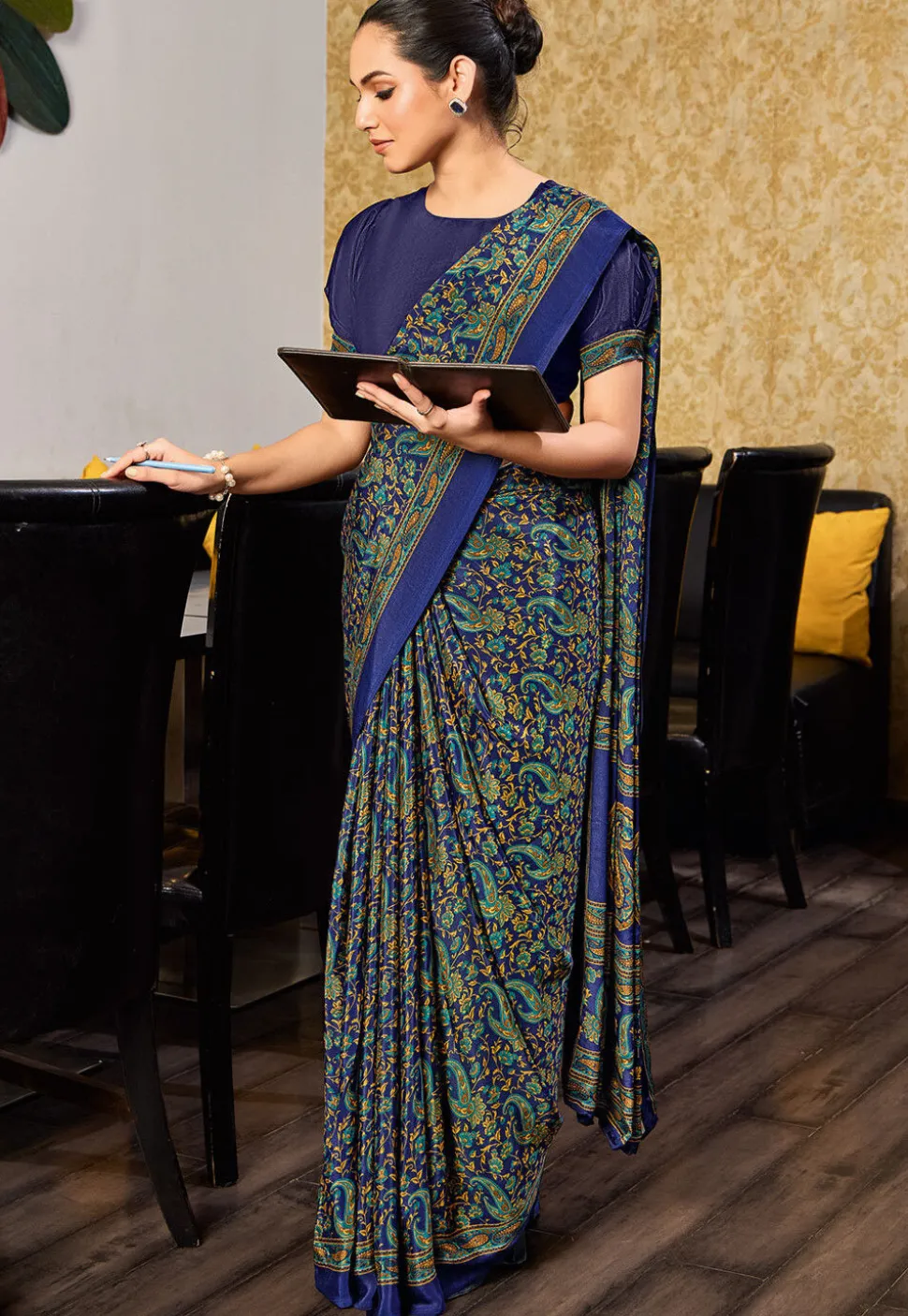 Digital Printed Crepe Saree in Navy Blue