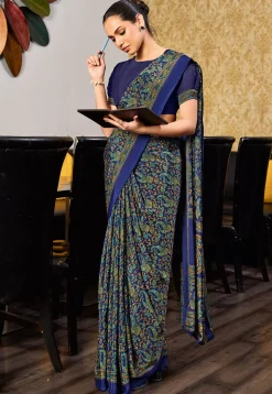 Digital Printed Crepe Saree in Navy Blue