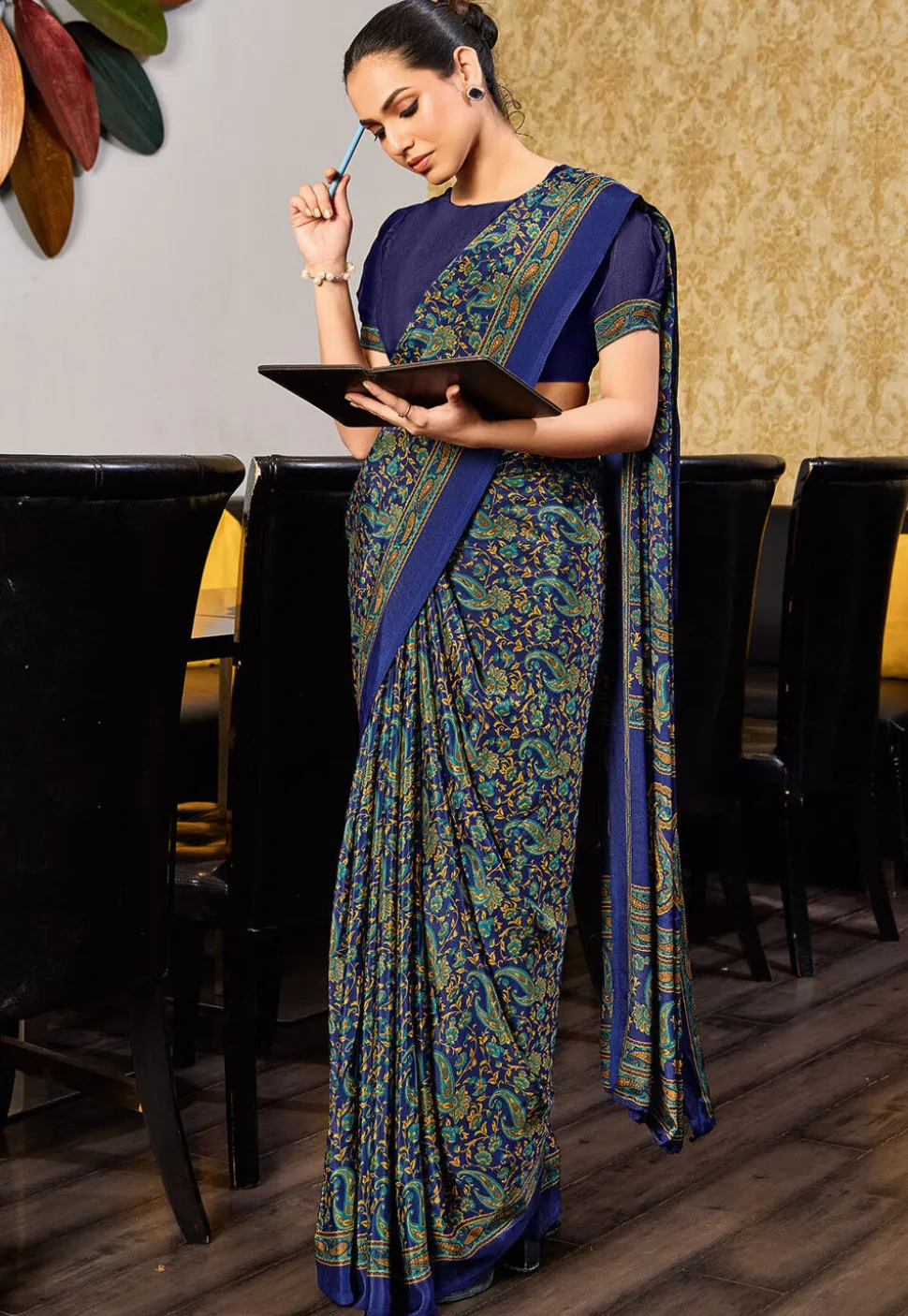 Digital Printed Crepe Saree in Navy Blue