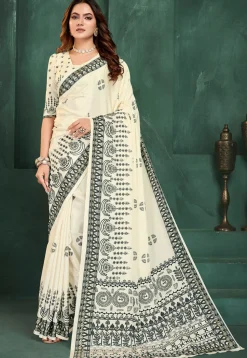 Digital Printed Crepe Saree in Off White