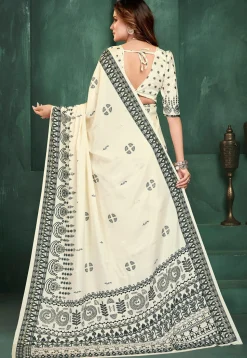 Digital Printed Crepe Saree in Off White