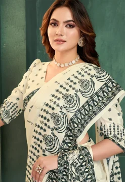 Digital Printed Crepe Saree in Off White